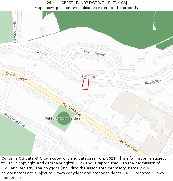 26, HILLCREST, TUNBRIDGE WELLS, TN4 0AJ: Location map and indicative extent of plot