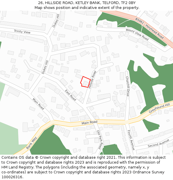 26, HILLSIDE ROAD, KETLEY BANK, TELFORD, TF2 0BY: Location map and indicative extent of plot