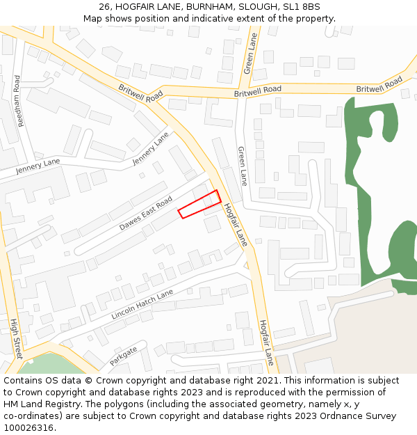 26, HOGFAIR LANE, BURNHAM, SLOUGH, SL1 8BS: Location map and indicative extent of plot