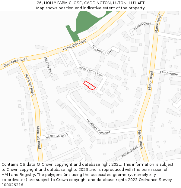 26, HOLLY FARM CLOSE, CADDINGTON, LUTON, LU1 4ET: Location map and indicative extent of plot