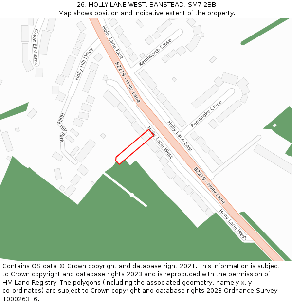 26, HOLLY LANE WEST, BANSTEAD, SM7 2BB: Location map and indicative extent of plot