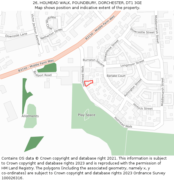 26, HOLMEAD WALK, POUNDBURY, DORCHESTER, DT1 3GE: Location map and indicative extent of plot