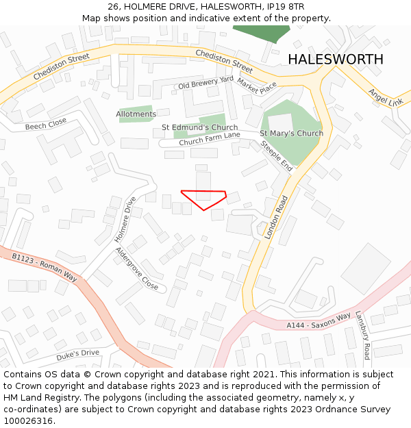 26, HOLMERE DRIVE, HALESWORTH, IP19 8TR: Location map and indicative extent of plot