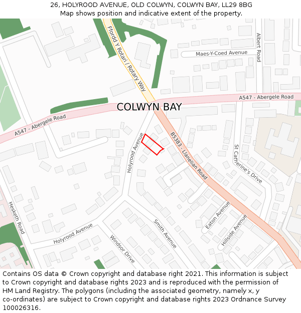 26, HOLYROOD AVENUE, OLD COLWYN, COLWYN BAY, LL29 8BG: Location map and indicative extent of plot