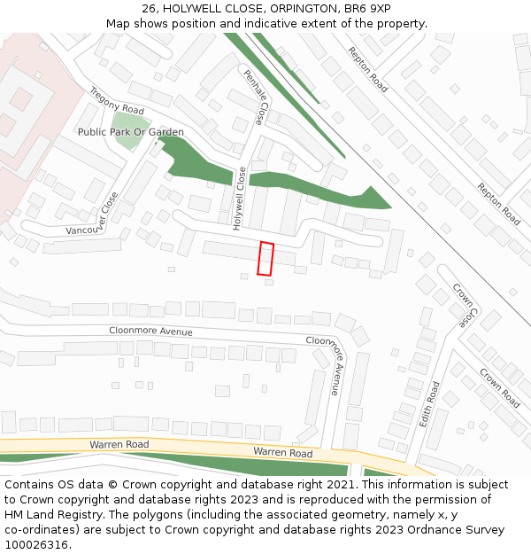 26, HOLYWELL CLOSE, ORPINGTON, BR6 9XP: Location map and indicative extent of plot