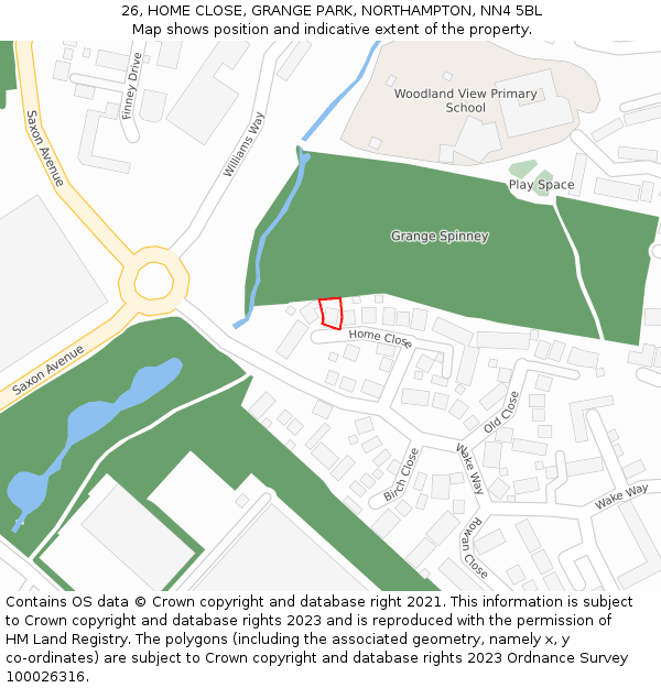 26, HOME CLOSE, GRANGE PARK, NORTHAMPTON, NN4 5BL: Location map and indicative extent of plot