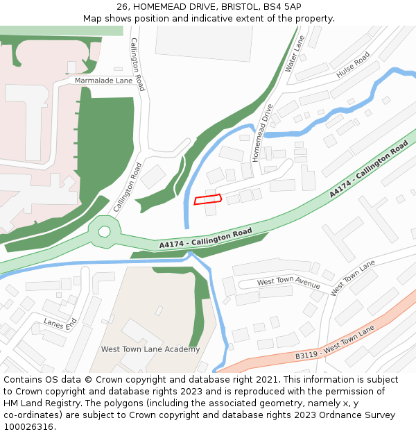 26, HOMEMEAD DRIVE, BRISTOL, BS4 5AP: Location map and indicative extent of plot