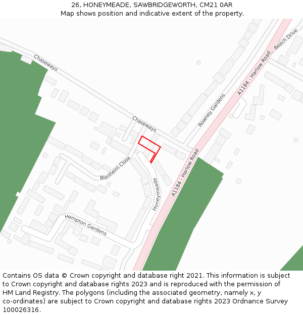 26, HONEYMEADE, SAWBRIDGEWORTH, CM21 0AR: Location map and indicative extent of plot