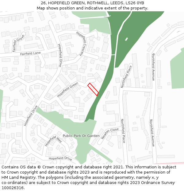 26, HOPEFIELD GREEN, ROTHWELL, LEEDS, LS26 0YB: Location map and indicative extent of plot
