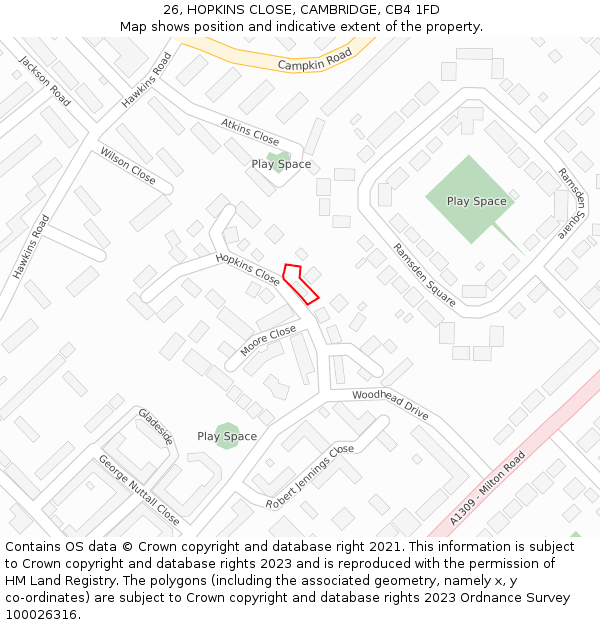 26, HOPKINS CLOSE, CAMBRIDGE, CB4 1FD: Location map and indicative extent of plot