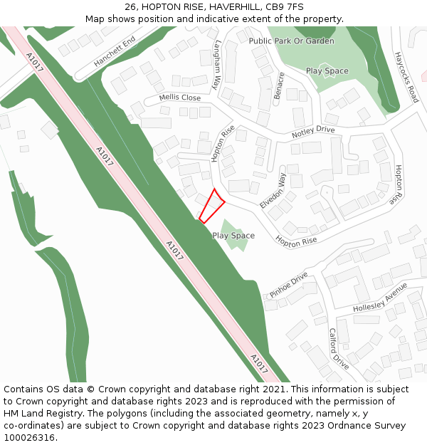 26, HOPTON RISE, HAVERHILL, CB9 7FS: Location map and indicative extent of plot