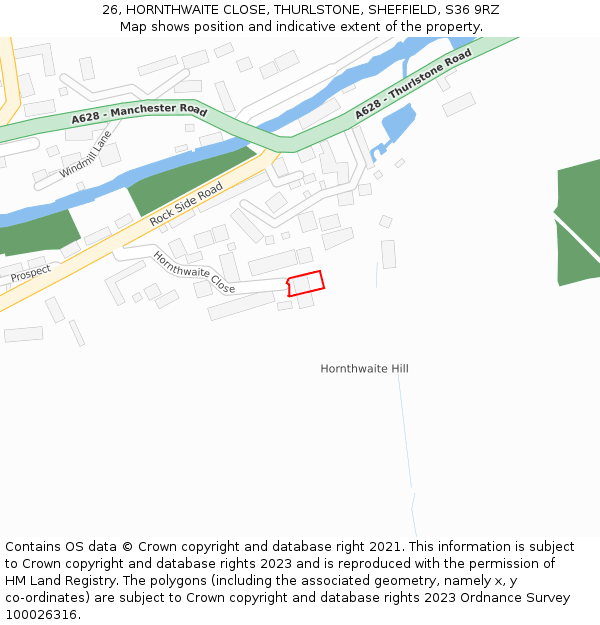 26, HORNTHWAITE CLOSE, THURLSTONE, SHEFFIELD, S36 9RZ: Location map and indicative extent of plot