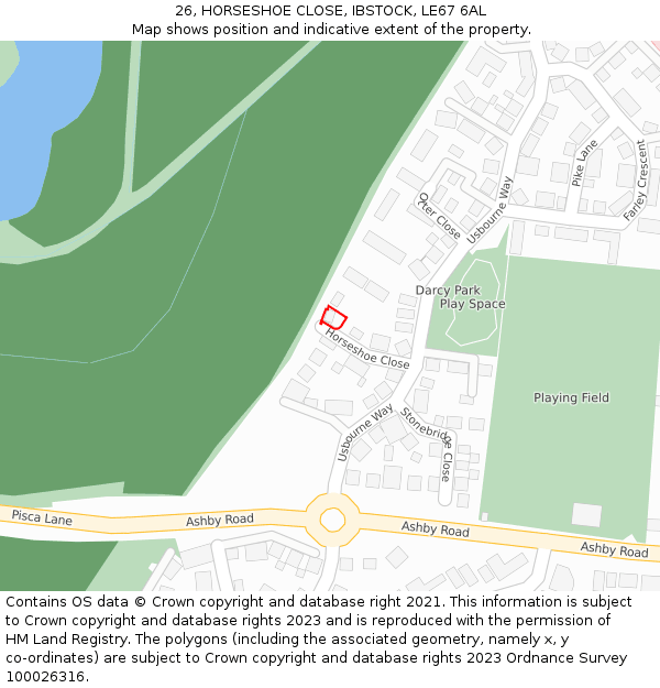 26, HORSESHOE CLOSE, IBSTOCK, LE67 6AL: Location map and indicative extent of plot
