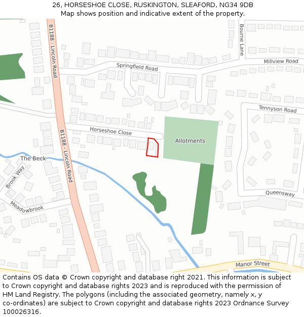 26, HORSESHOE CLOSE, RUSKINGTON, SLEAFORD, NG34 9DB: Location map and indicative extent of plot