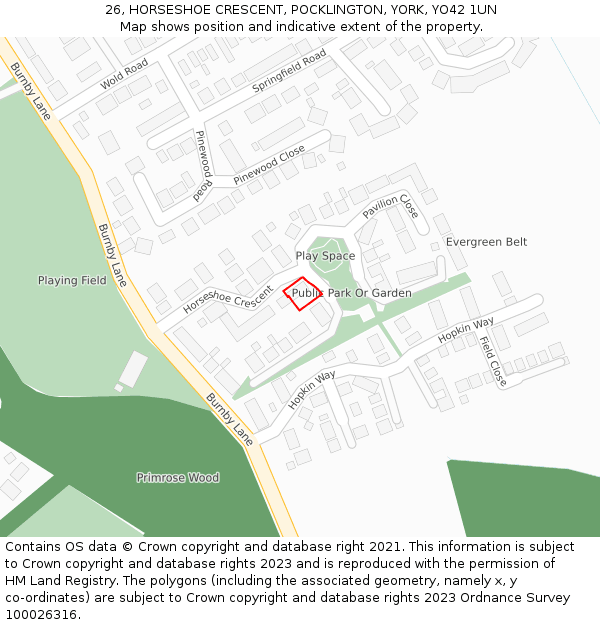 26, HORSESHOE CRESCENT, POCKLINGTON, YORK, YO42 1UN: Location map and indicative extent of plot