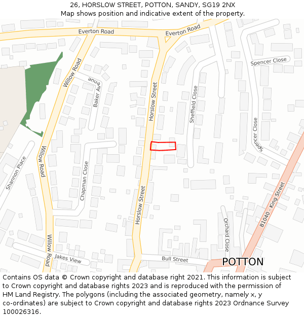 26, HORSLOW STREET, POTTON, SANDY, SG19 2NX: Location map and indicative extent of plot