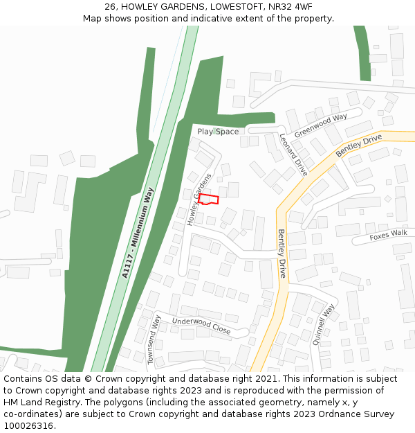 26, HOWLEY GARDENS, LOWESTOFT, NR32 4WF: Location map and indicative extent of plot