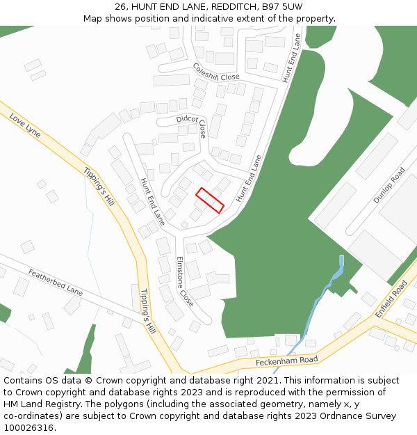 26, HUNT END LANE, REDDITCH, B97 5UW: Location map and indicative extent of plot