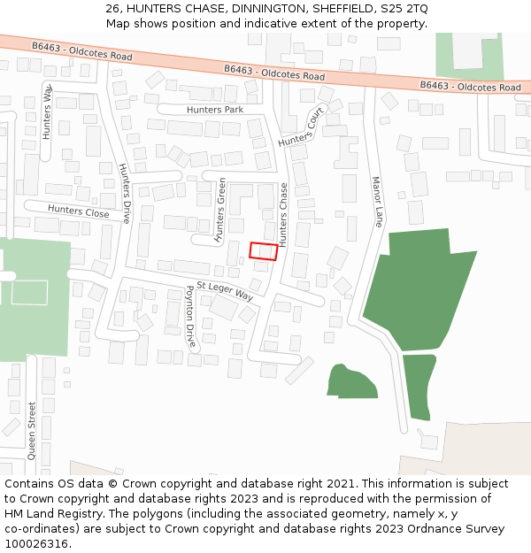 26, HUNTERS CHASE, DINNINGTON, SHEFFIELD, S25 2TQ: Location map and indicative extent of plot