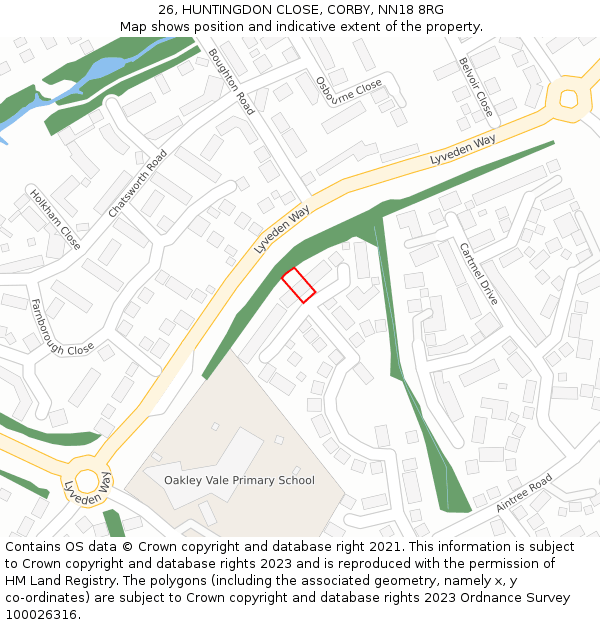 26, HUNTINGDON CLOSE, CORBY, NN18 8RG: Location map and indicative extent of plot