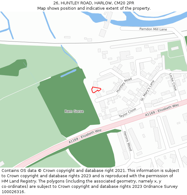 26, HUNTLEY ROAD, HARLOW, CM20 2PR: Location map and indicative extent of plot