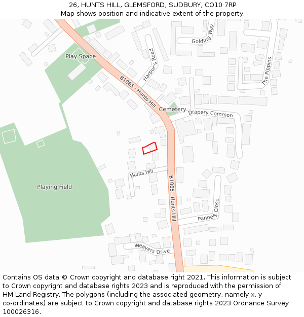 26, HUNTS HILL, GLEMSFORD, SUDBURY, CO10 7RP: Location map and indicative extent of plot