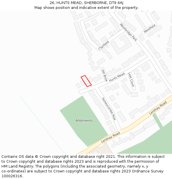 26, HUNTS MEAD, SHERBORNE, DT9 6AJ: Location map and indicative extent of plot