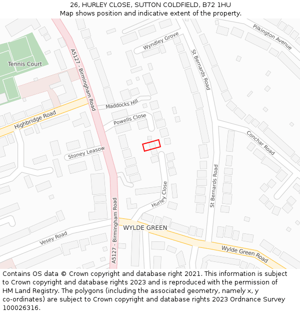 26, HURLEY CLOSE, SUTTON COLDFIELD, B72 1HU: Location map and indicative extent of plot