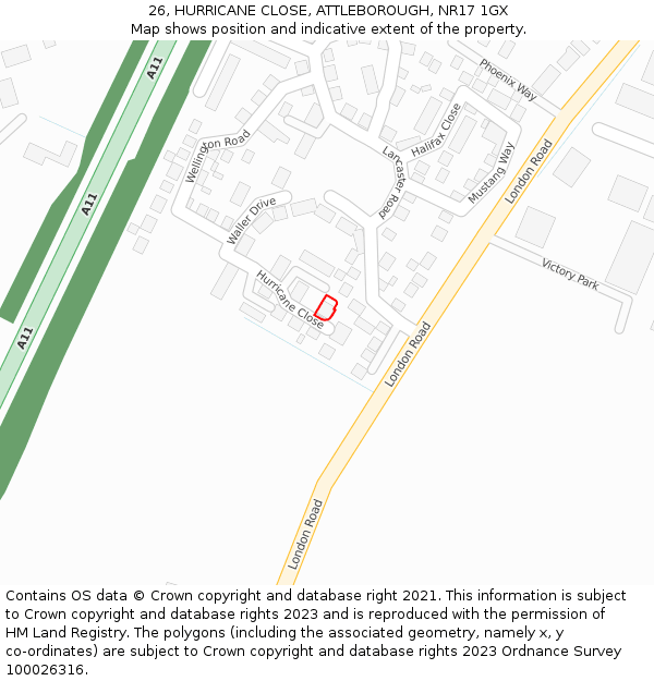26, HURRICANE CLOSE, ATTLEBOROUGH, NR17 1GX: Location map and indicative extent of plot