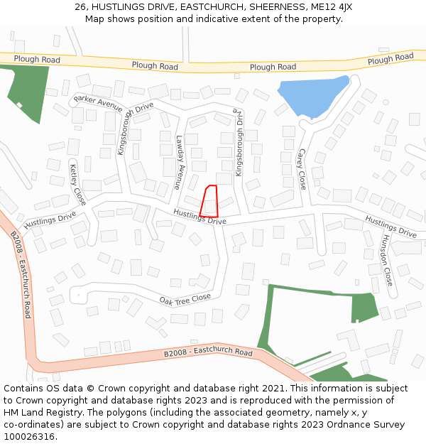 26, HUSTLINGS DRIVE, EASTCHURCH, SHEERNESS, ME12 4JX: Location map and indicative extent of plot