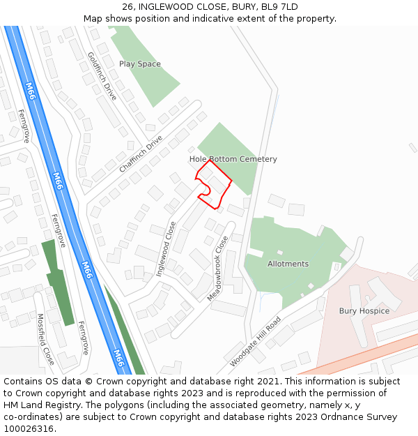 26, INGLEWOOD CLOSE, BURY, BL9 7LD: Location map and indicative extent of plot