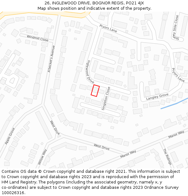 26, INGLEWOOD DRIVE, BOGNOR REGIS, PO21 4JX: Location map and indicative extent of plot