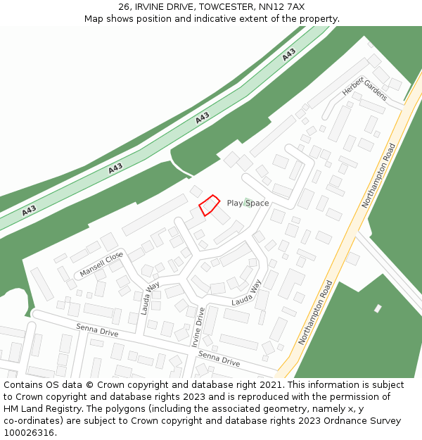 26, IRVINE DRIVE, TOWCESTER, NN12 7AX: Location map and indicative extent of plot