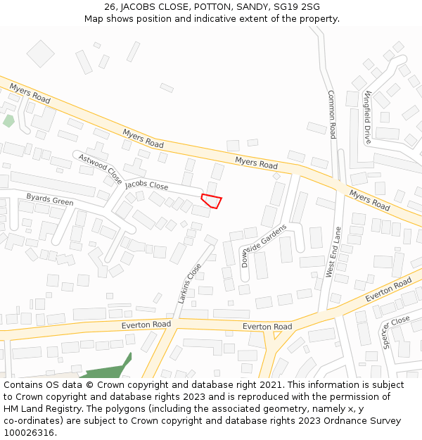 26, JACOBS CLOSE, POTTON, SANDY, SG19 2SG: Location map and indicative extent of plot