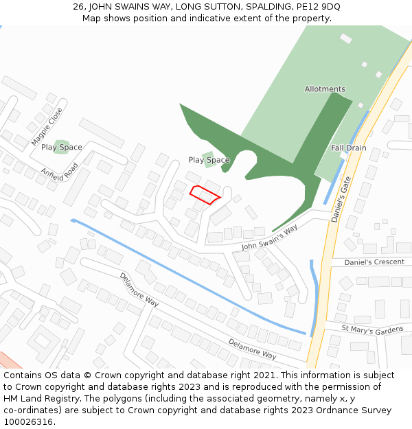 26, JOHN SWAINS WAY, LONG SUTTON, SPALDING, PE12 9DQ: Location map and indicative extent of plot