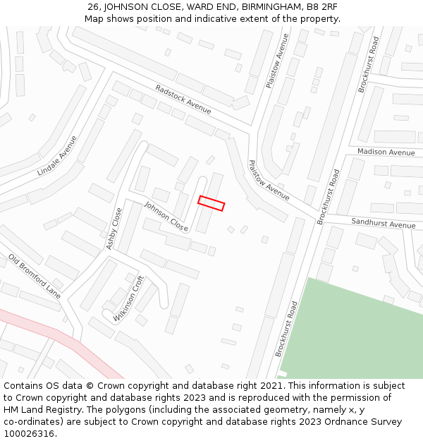 26, JOHNSON CLOSE, WARD END, BIRMINGHAM, B8 2RF: Location map and indicative extent of plot