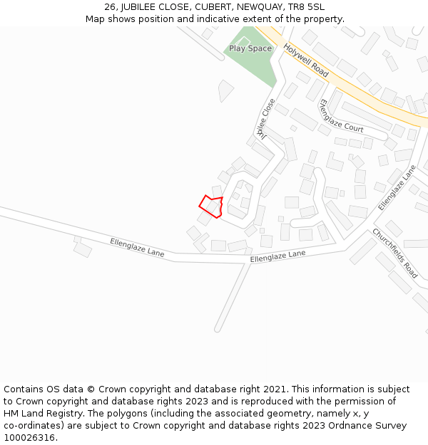 26, JUBILEE CLOSE, CUBERT, NEWQUAY, TR8 5SL: Location map and indicative extent of plot