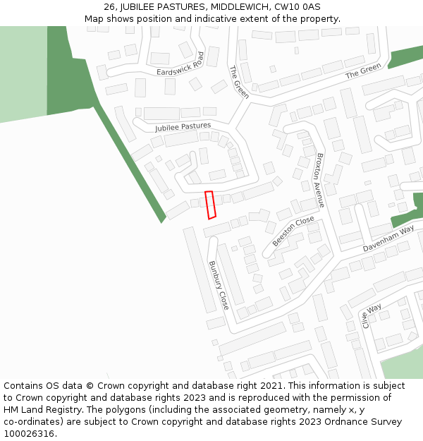 26, JUBILEE PASTURES, MIDDLEWICH, CW10 0AS: Location map and indicative extent of plot