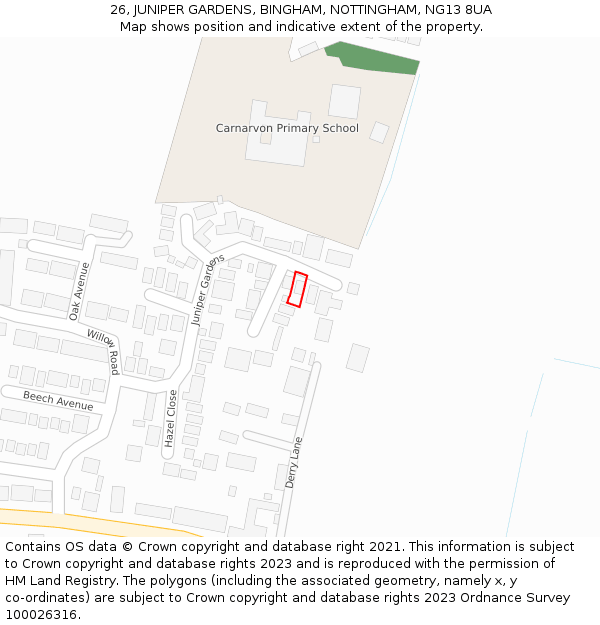 26, JUNIPER GARDENS, BINGHAM, NOTTINGHAM, NG13 8UA: Location map and indicative extent of plot