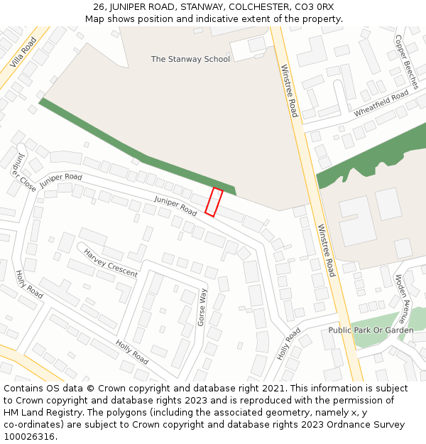 26, JUNIPER ROAD, STANWAY, COLCHESTER, CO3 0RX: Location map and indicative extent of plot