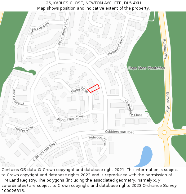 26, KARLES CLOSE, NEWTON AYCLIFFE, DL5 4XH: Location map and indicative extent of plot