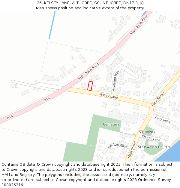 26, KELSEY LANE, ALTHORPE, SCUNTHORPE, DN17 3HQ: Location map and indicative extent of plot