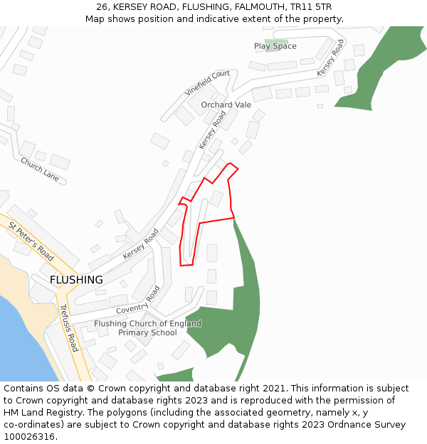 26, KERSEY ROAD, FLUSHING, FALMOUTH, TR11 5TR: Location map and indicative extent of plot