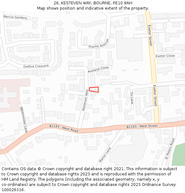 26, KESTEVEN WAY, BOURNE, PE10 9AH: Location map and indicative extent of plot