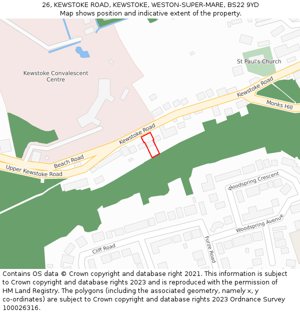 26, KEWSTOKE ROAD, KEWSTOKE, WESTON-SUPER-MARE, BS22 9YD: Location map and indicative extent of plot