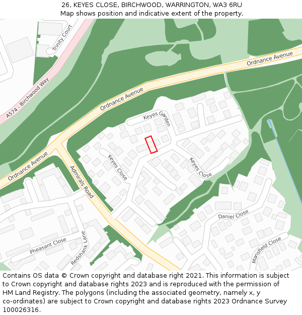 26, KEYES CLOSE, BIRCHWOOD, WARRINGTON, WA3 6RU: Location map and indicative extent of plot