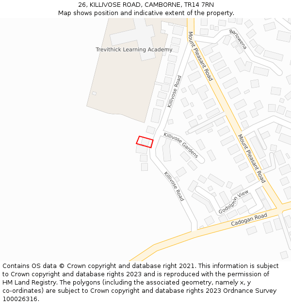 26, KILLIVOSE ROAD, CAMBORNE, TR14 7RN: Location map and indicative extent of plot