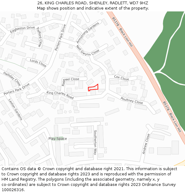 26, KING CHARLES ROAD, SHENLEY, RADLETT, WD7 9HZ: Location map and indicative extent of plot