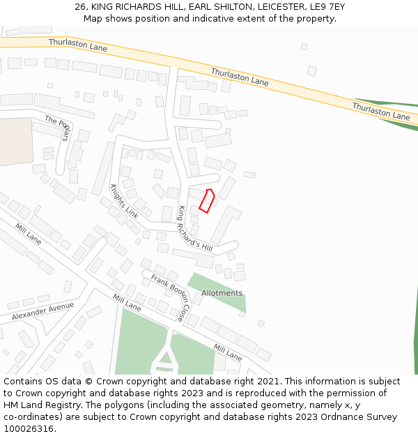 26, KING RICHARDS HILL, EARL SHILTON, LEICESTER, LE9 7EY: Location map and indicative extent of plot