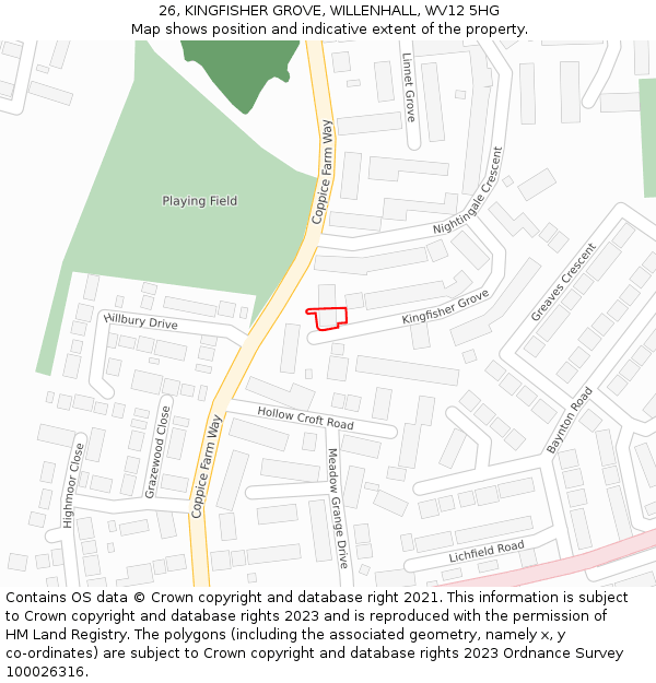 26, KINGFISHER GROVE, WILLENHALL, WV12 5HG: Location map and indicative extent of plot